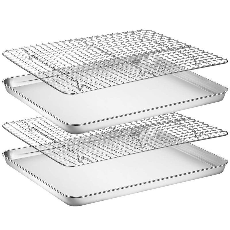 Wildone Baking Sheet with Rack Set [2 Pans + 2 Racks], Wildone Stainless Steel Cookie Sheet Baking Pan Tray with Cooling Rack, Size 16 x 12 x 1 Inch, Non Toxic & Heavy Duty & Easy Clean - Image 1